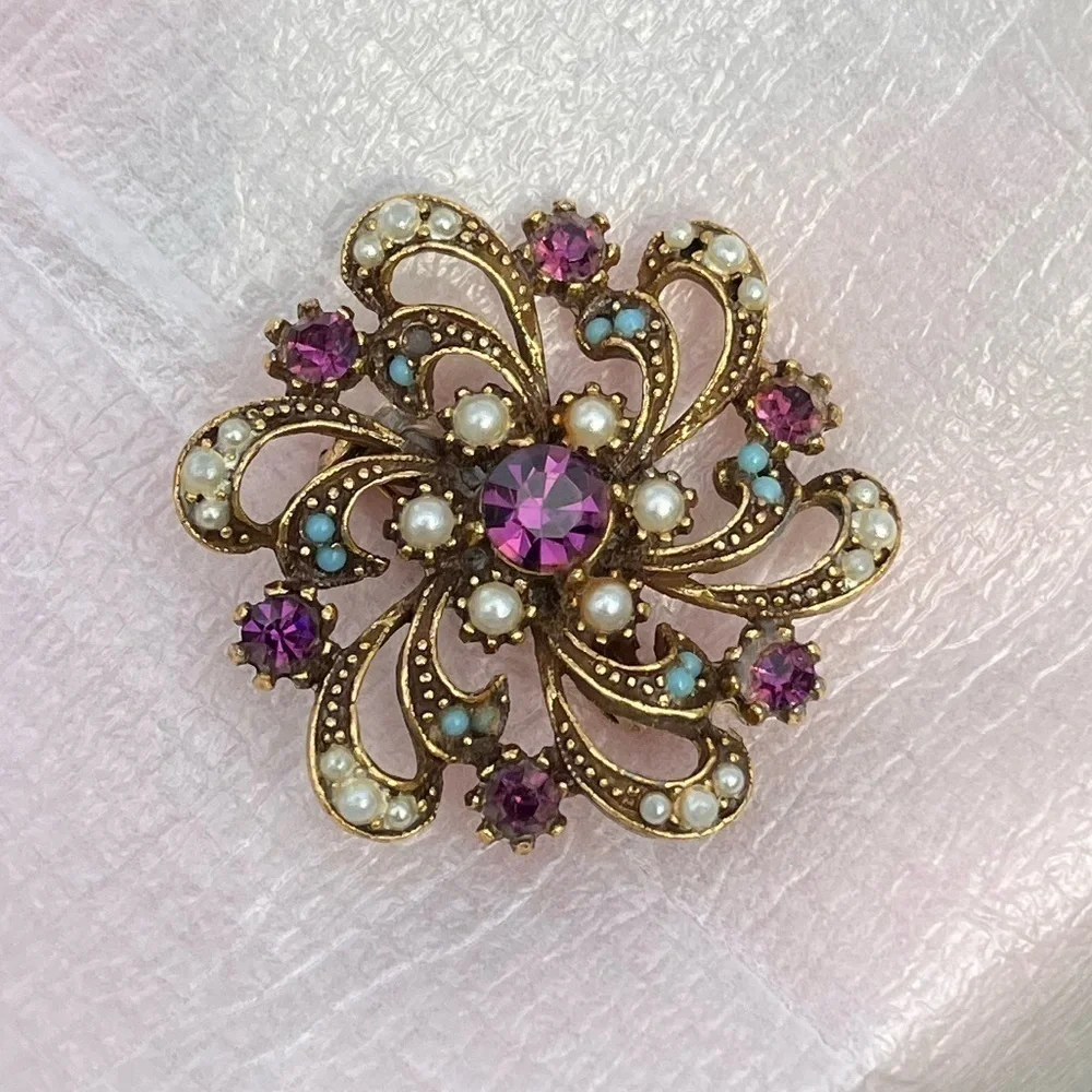 Vintage Purple Rhinestone Brooch Pin with Blue and Pearl Accents